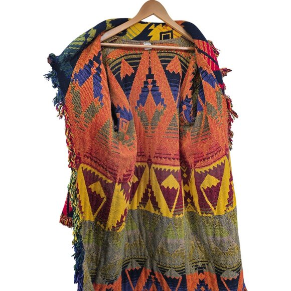 Tapestry Duster Cardigan Double-Sided Vintage Handmade Aztec  Free Size Rainbow - Picture 4 of 5